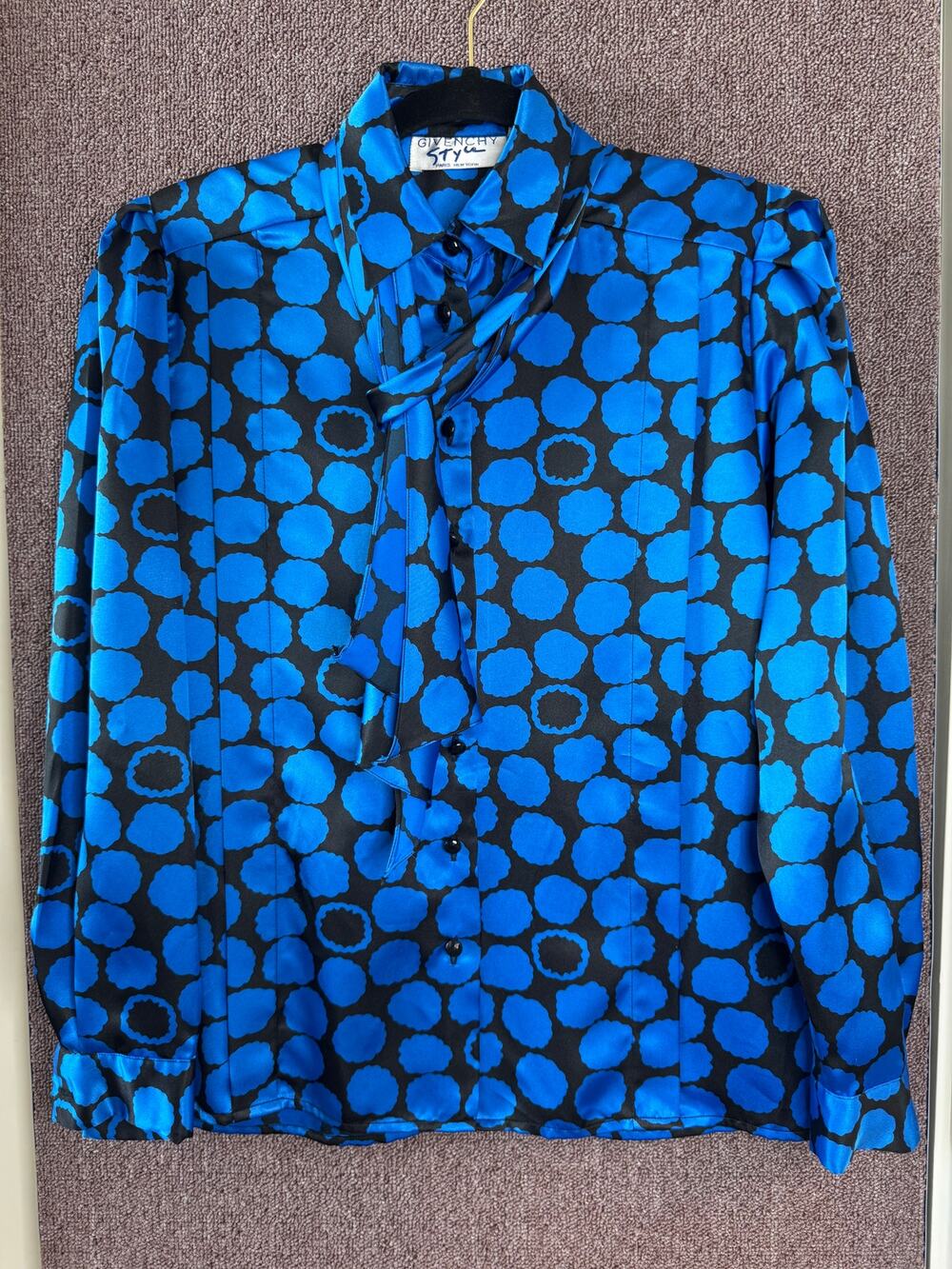 Vintage Givenchy Style Long Sleeve Button Up Blouse w/Neck Tie Geometric Design